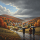 People walking with umbrellas in a colorful autumn landscape in Bennington County, wi — Bennington County weather forecast