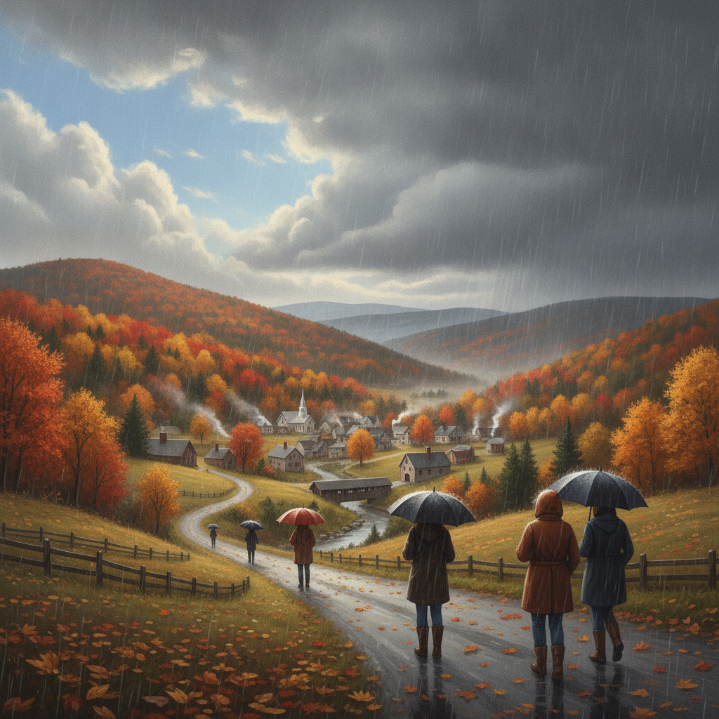 People walking with umbrellas in a colorful autumn landscape in Bennington County, wi — Bennington County weather forecast