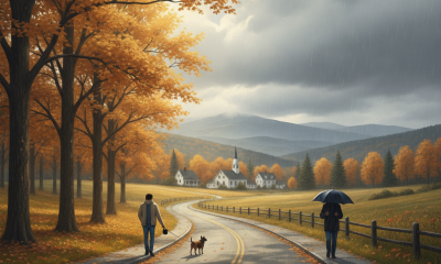 Two people walking a dog along a tree-lined road in autumn, with overcast skies and l — Bennington County weather forecast