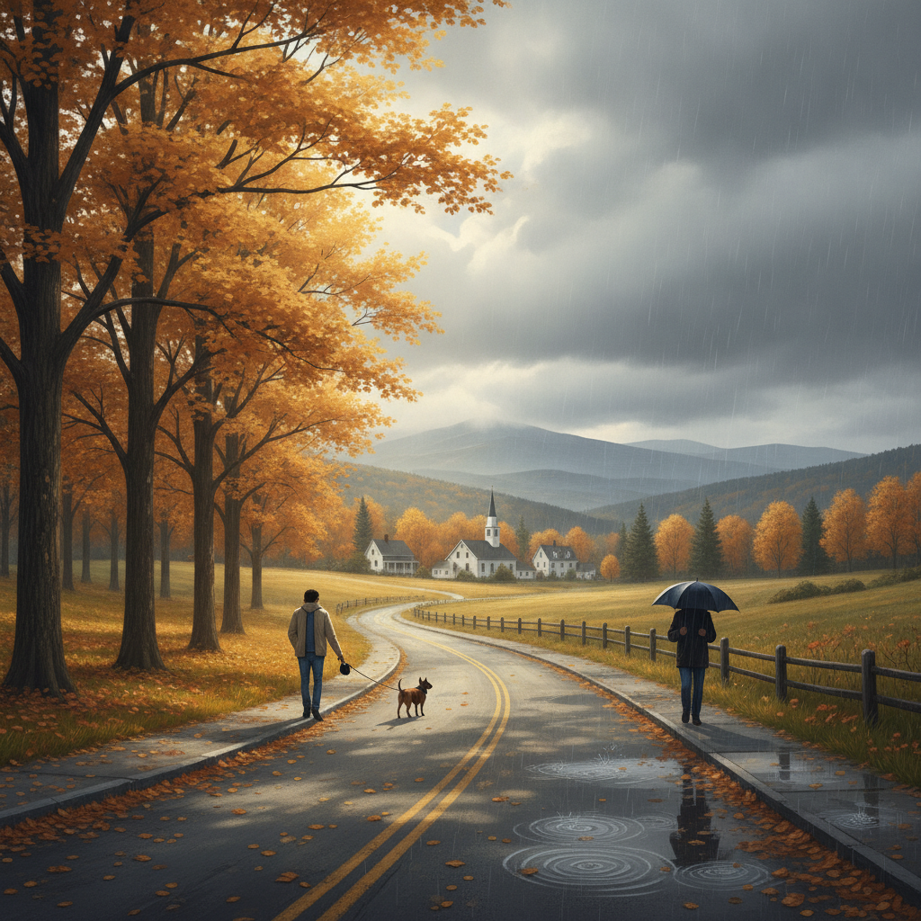 Two people walking a dog along a tree-lined road in autumn, with overcast skies and l — Bennington County weather forecast