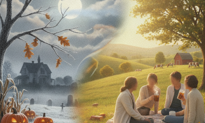 Bennington VT weather forecast illustrated by a crisp, moonlit Halloween scene blending into a sunny autumn picnic