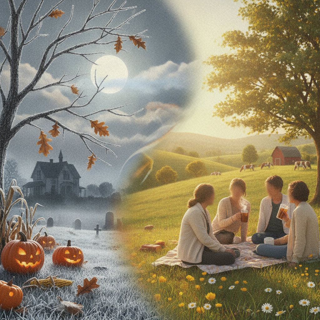 Bennington VT weather forecast illustrated by a crisp, moonlit Halloween scene blending into a sunny autumn picnic