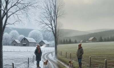 Bennington County weekend weather: two people walk dogs along a rural lane, with frost on one side and cloudy skies.