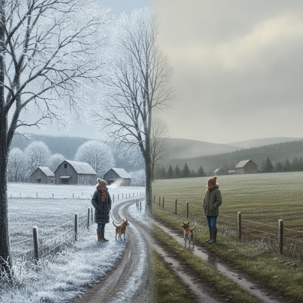 Bennington County weekend weather: two people walk dogs along a rural lane, with frost on one side and cloudy skies.