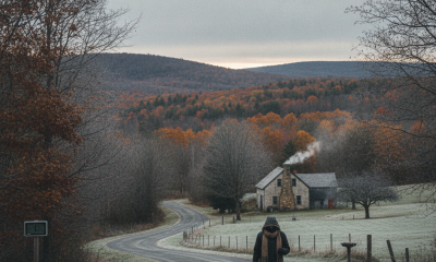 A person walking along a winding road in Bennington County, surrounded by autumn foli — Bennington County weather forecast