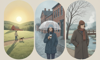 Bennington County VT weather forecast illustrated with sunny autumn fields, a person in drizzle, and a bundled figure in c…