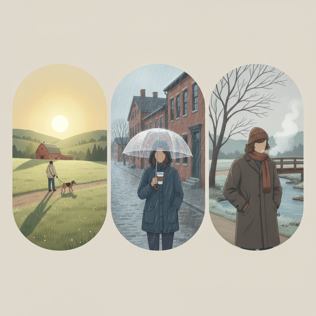 Bennington County VT weather forecast illustrated with sunny autumn fields, a person in drizzle, and a bundled figure in c…