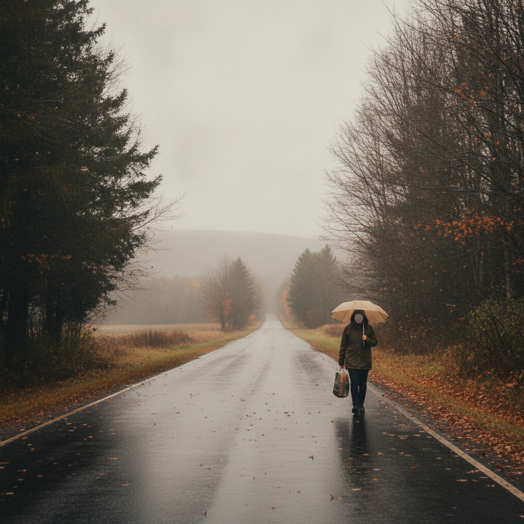 A person walking along a wet road under an umbrella, surrounded by autumn trees in Be — Bennington County weather forecast