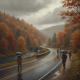 People walking with umbrellas along a wet road surrounded by autumn trees in Benningt — Bennington County weather forecast
