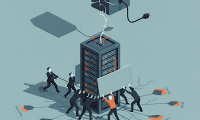 Illustration depicting a group of people struggling to manage a large data center — data center backlash midterm elections