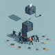 Illustration depicting a group of people struggling to manage a large data center — data center backlash midterm elections