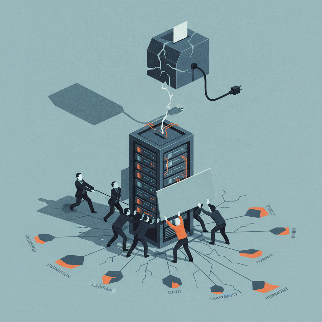 Illustration depicting a group of people struggling to manage a large data center — data center backlash midterm elections