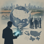 Silhouette of a man with a tablet in front of a globe and a group of people discussin — DHS noncitizen voter investigation
