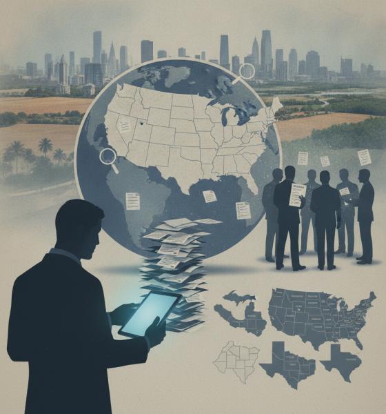Silhouette of a man with a tablet in front of a globe and a group of people discussin — DHS noncitizen voter investigation