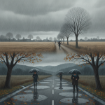Three figures walking with umbrellas along a rainy road in a rural landscape, with ov — Bennington County weather forecast