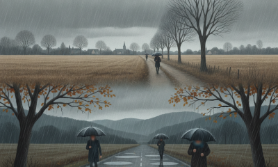 Three figures walking with umbrellas along a rainy road in a rural landscape, with ov — Bennington County weather forecast