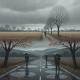 Three figures walking with umbrellas along a rainy road in a rural landscape, with ov — Bennington County weather forecast