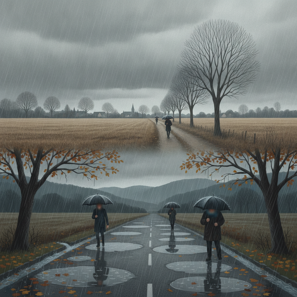 Three figures walking with umbrellas along a rainy road in a rural landscape, with ov — Bennington County weather forecast