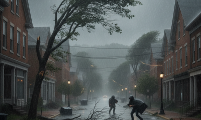 Two people struggle against heavy rain and strong winds in a deserted street with fallen — Bennington VT weather forecast