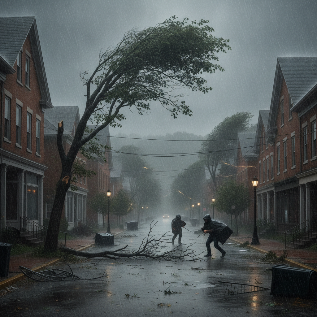 Two people struggle against heavy rain and strong winds in a deserted street with fallen — Bennington VT weather forecast
