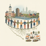 Illustration depicting a diverse group of people holding hands in a community setting, symb — historic US homicide decline
