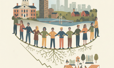 Illustration depicting a diverse group of people holding hands in a community setting, symb — historic US homicide decline