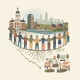Illustration depicting a diverse group of people holding hands in a community setting, symb — historic US homicide decline