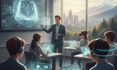 A classroom scene in New York with students using tablets and virtual reality heads — New York school district AI policies