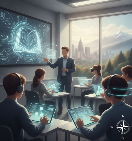 A classroom scene in New York with students using tablets and virtual reality heads — New York school district AI policies