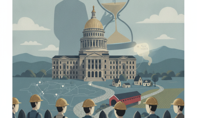Illustration depicting a group of workers with shovels in front of a government building, symbo — NYC civil service reform