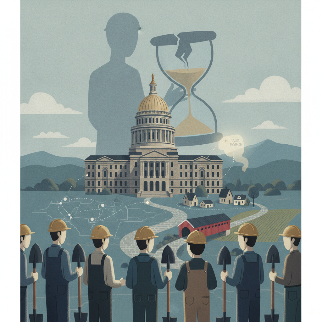 Illustration depicting a group of workers with shovels in front of a government building, symbo — NYC civil service reform