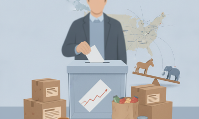 A person voting at a ballot box surrounded by groceries and boxes, symbolizing the impact o — Trump tariffs cost of living