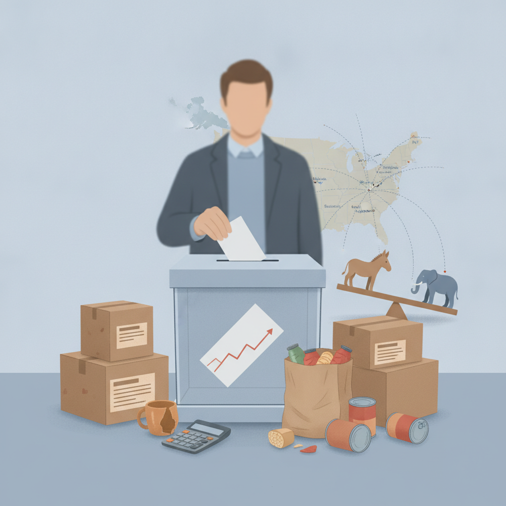 A person voting at a ballot box surrounded by groceries and boxes, symbolizing the impact o — Trump tariffs cost of living
