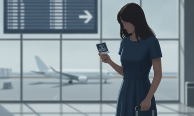 Illustration of a woman holding an ultrasound image beside a suitcase at an airport, representing the Idaho abortion ban a…