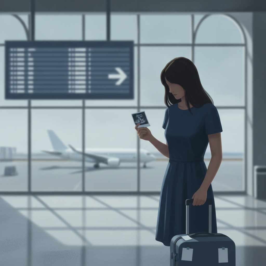 Illustration of a woman holding an ultrasound image beside a suitcase at an airport, representing the Idaho abortion ban a…