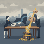 Illustration of a woman and a man at a table with checks and coins, symbolizing campaign — Kathy Hochul campaign donations