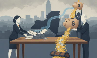 Illustration of a woman and a man at a table with checks and coins, symbolizing campaign — Kathy Hochul campaign donations