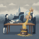 Illustration of a woman and a man at a table with checks and coins, symbolizing campaign — Kathy Hochul campaign donations
