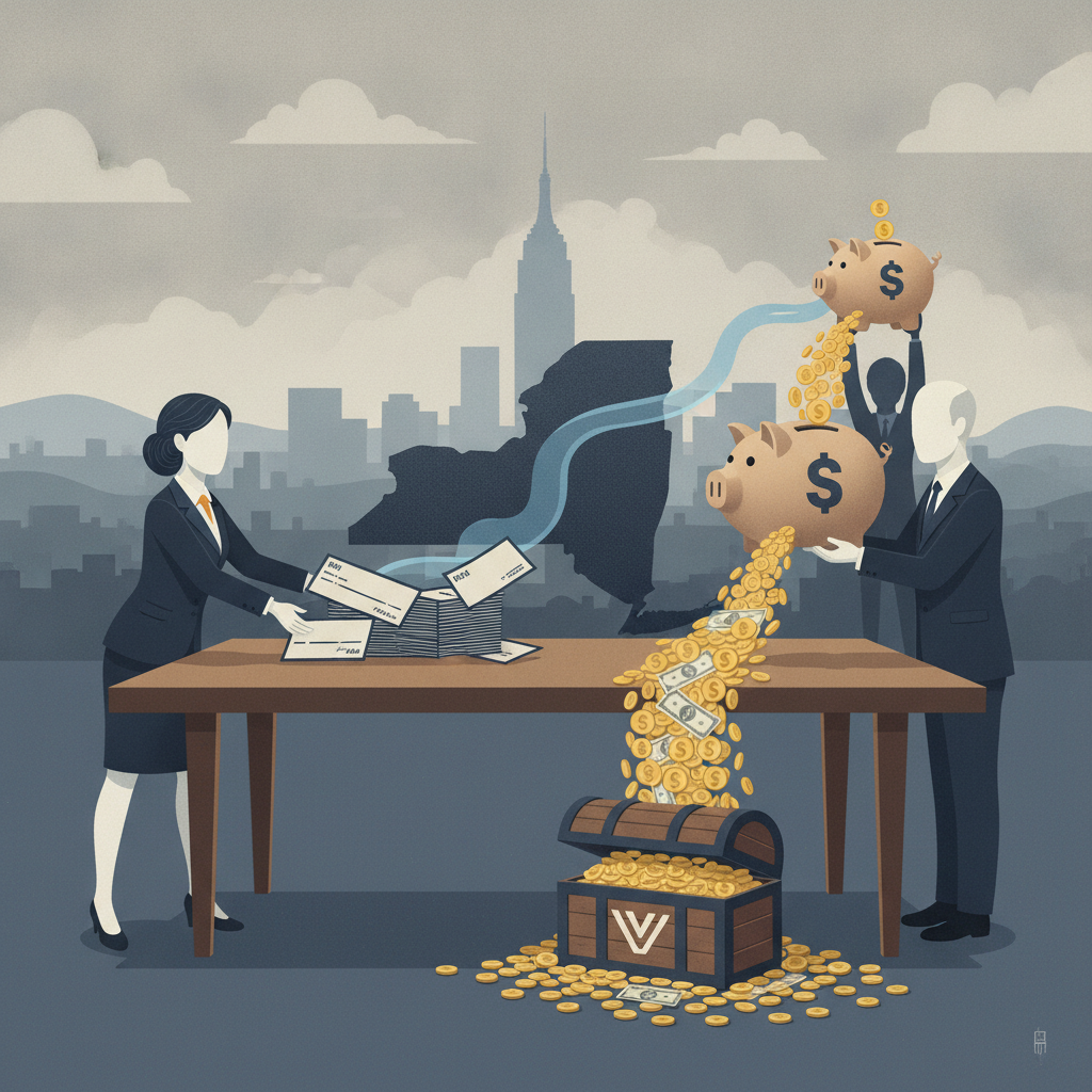 Illustration of a woman and a man at a table with checks and coins, symbolizing campaign — Kathy Hochul campaign donations
