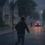 Illustration of a person running toward a police car with flashing lights on a dim residenti — Malaki Barnes Bennington VT