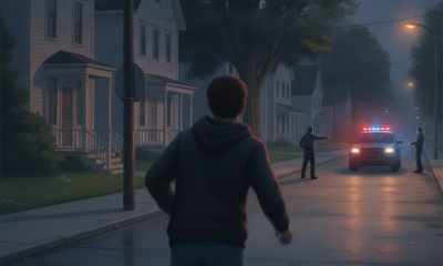 Illustration of a person running toward a police car with flashing lights on a dim residenti — Malaki Barnes Bennington VT