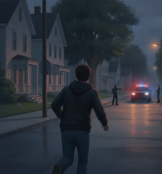 Illustration of a person running toward a police car with flashing lights on a dim residenti — Malaki Barnes Bennington VT