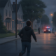 Illustration of a person running toward a police car with flashing lights on a dim residenti — Malaki Barnes Bennington VT