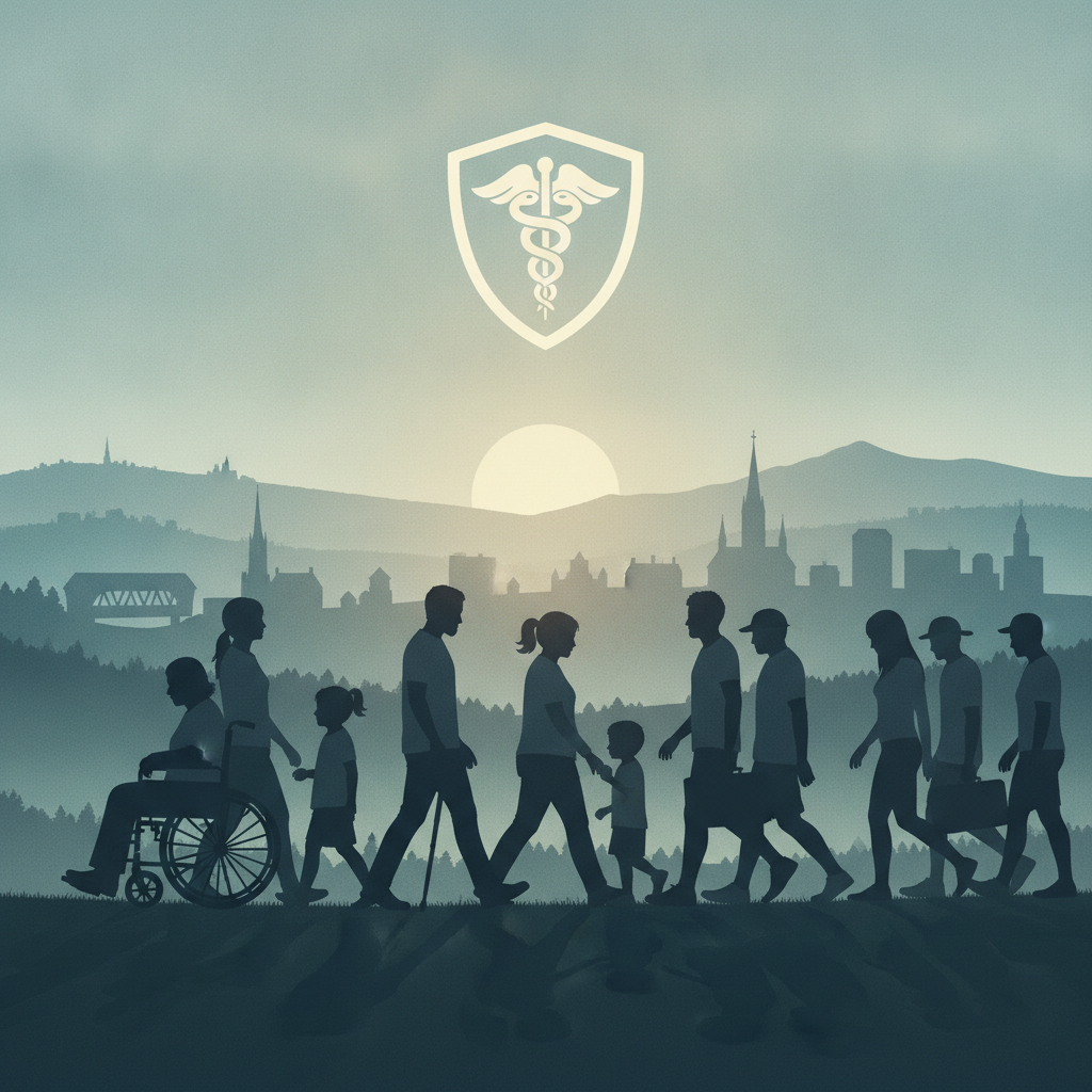 Medicaid Medically Frail Work Requirement Ruling illustrated by people walking, including a wheelchair user, beneath a med…
