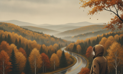 A person in a brown jacket stands by a winding road surrounded by autumn foliage in B — Bennington County weather forecast