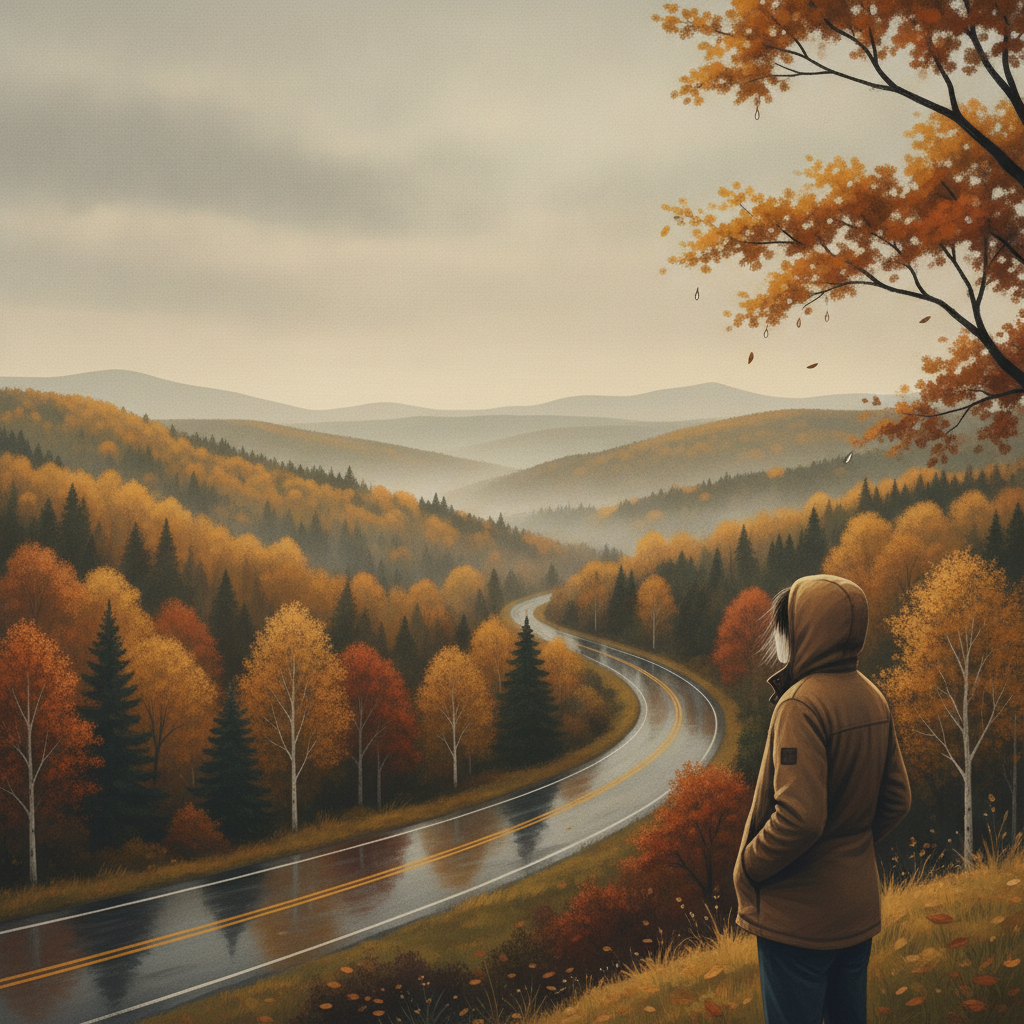 A person in a brown jacket stands by a winding road surrounded by autumn foliage in B — Bennington County weather forecast