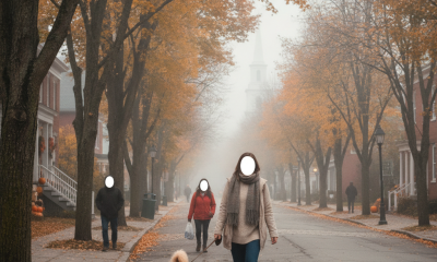Bennington County Halloween weather: people walk a foggy, leaf-strewn street beneath orange autumn trees, one walking a dog.