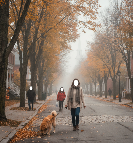 Bennington County Halloween weather: people walk a foggy, leaf-strewn street beneath orange autumn trees, one walking a dog.