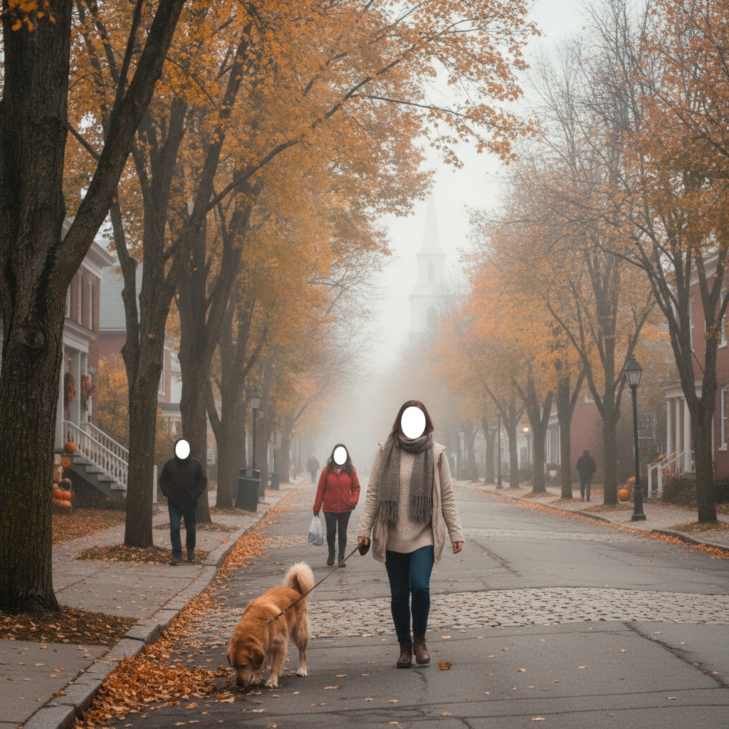 Bennington County Halloween weather: people walk a foggy, leaf-strewn street beneath orange autumn trees, one walking a dog.