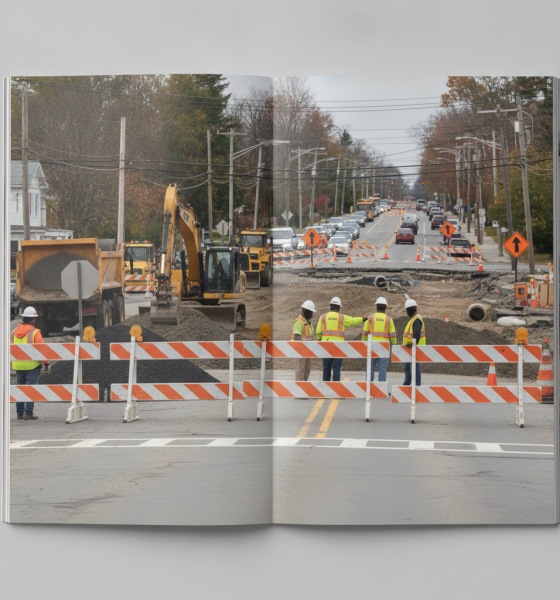Construction workers in safety vests manage roadwork with heavy machinery and traffic ba — Bennington VT Road Construction